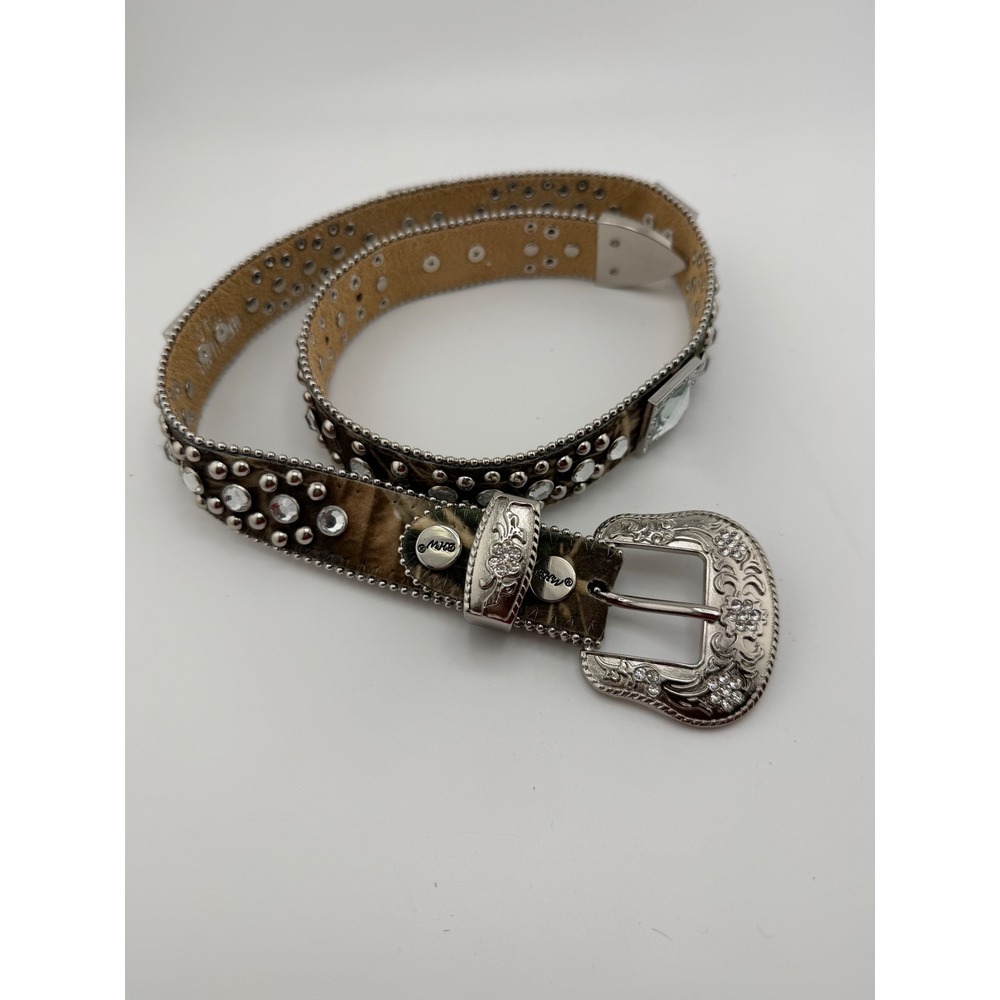 BB Simon Camo Crystal Studded Western Belt Silver Buckle Rhinestone Camouflage